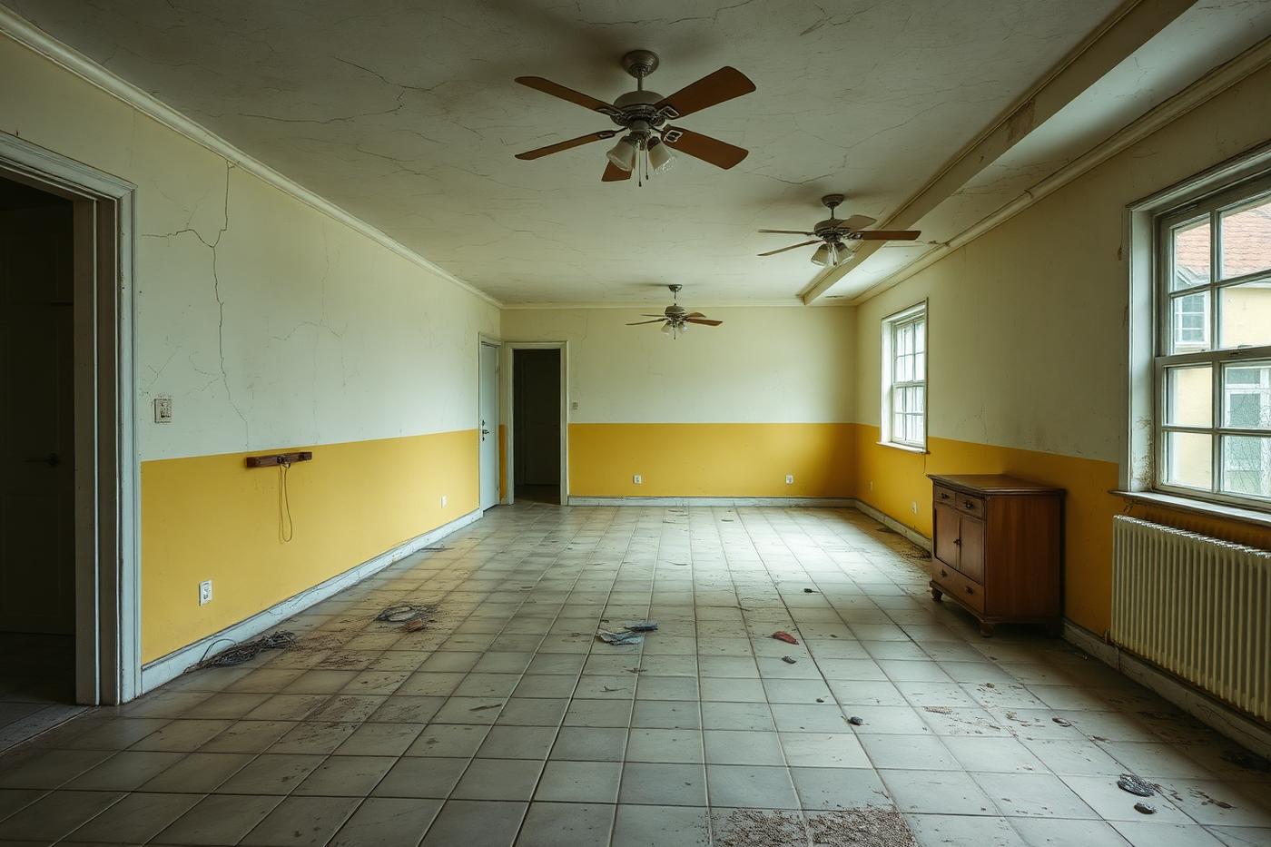 Sala antes da reforma com paredes desgastadas e piso antigo