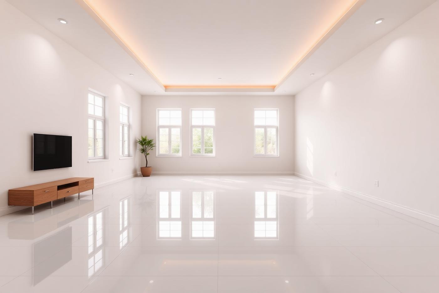 Sala depois da reforma com porcelanato e paredes acabadas