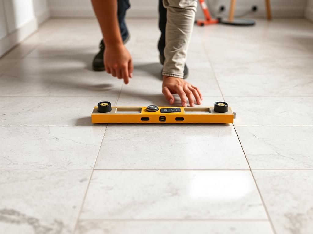 Instalação de porcelanato com nível durante uma reforma