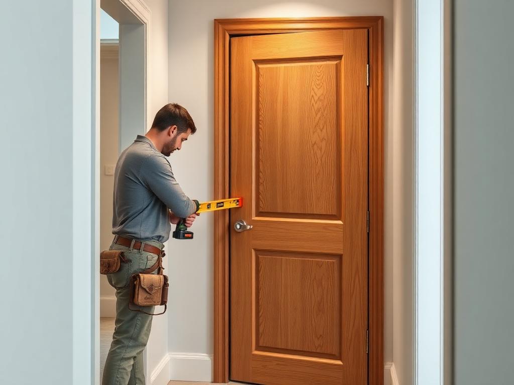 Profissional instalando porta de madeira com nível